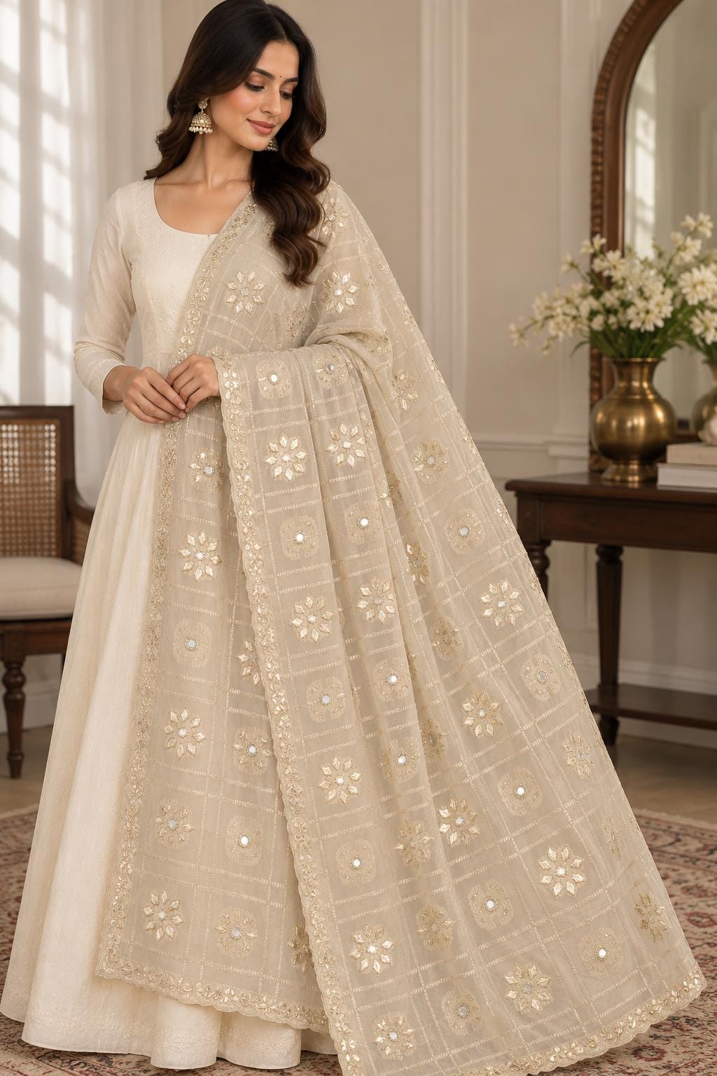 Off white / Ivory Dupatta with Mirror Work | Gold Embroidered Dupatta | Indian Chiffon Dupatta | Festive Wedding Scarf | Ethnic