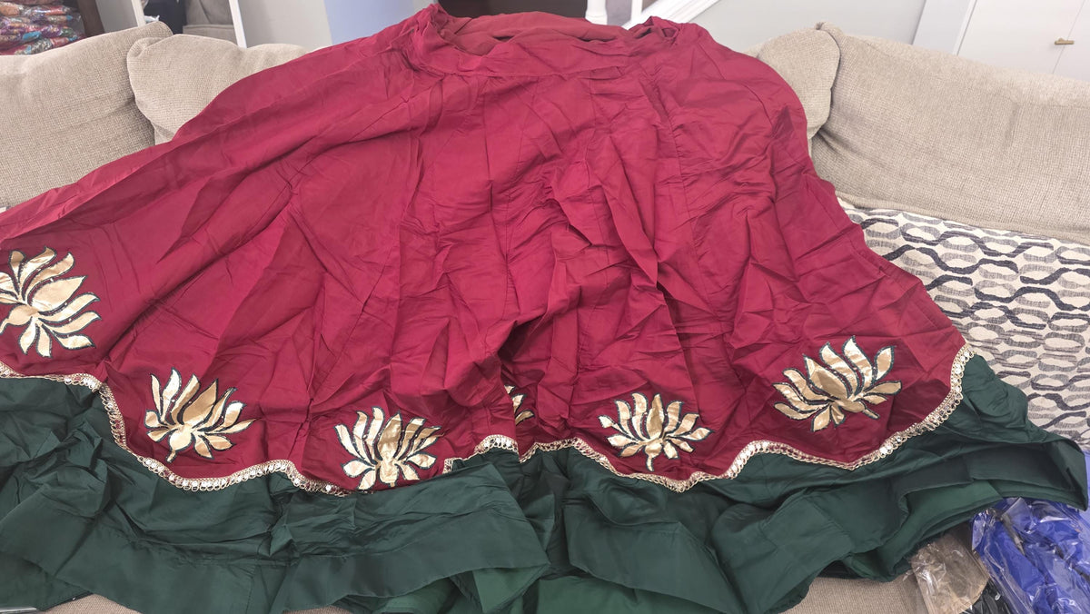 Maroon Green Cotton Lehenga Choli Set | Indian Festive Lehenga | Lotus Embroidered Skirt & Blouse | Navratri Garba Outfit | Handmade