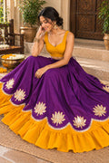 Purple yellow Cotton Lehenga Choli Set | Indian Festive Lehenga | Lotus Embroidered Skirt & Blouse | Navratri Garba Outfit | Handmade