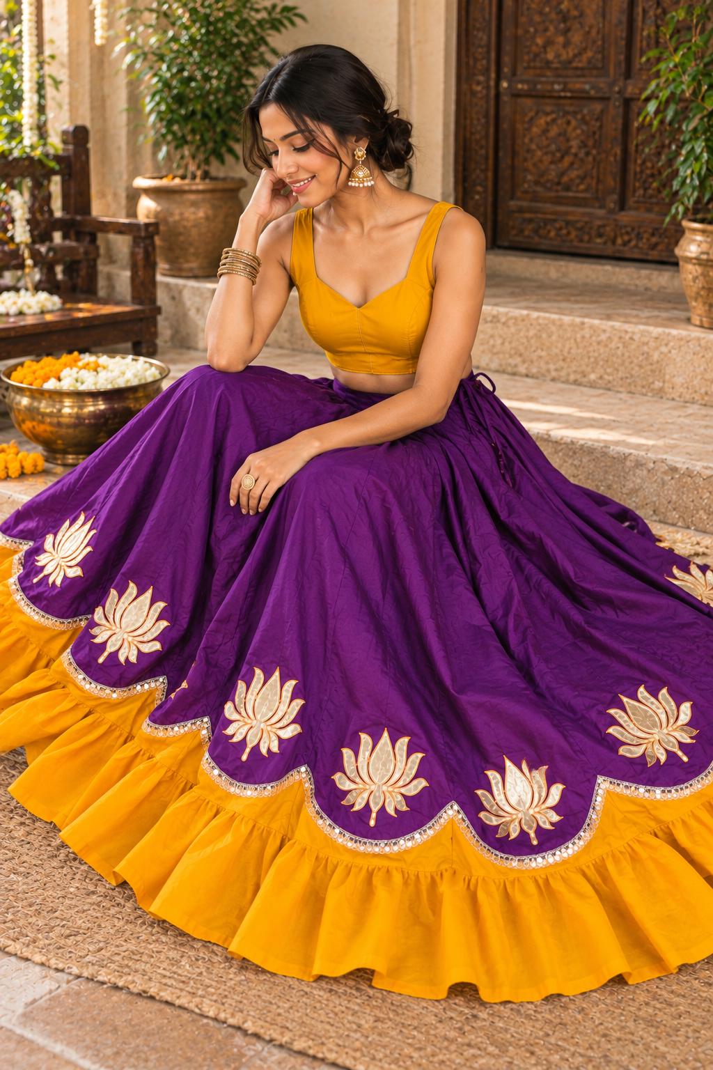 Purple yellow Cotton Lehenga Choli Set | Indian Festive Lehenga | Lotus Embroidered Skirt & Blouse | Navratri Garba Outfit | Handmade