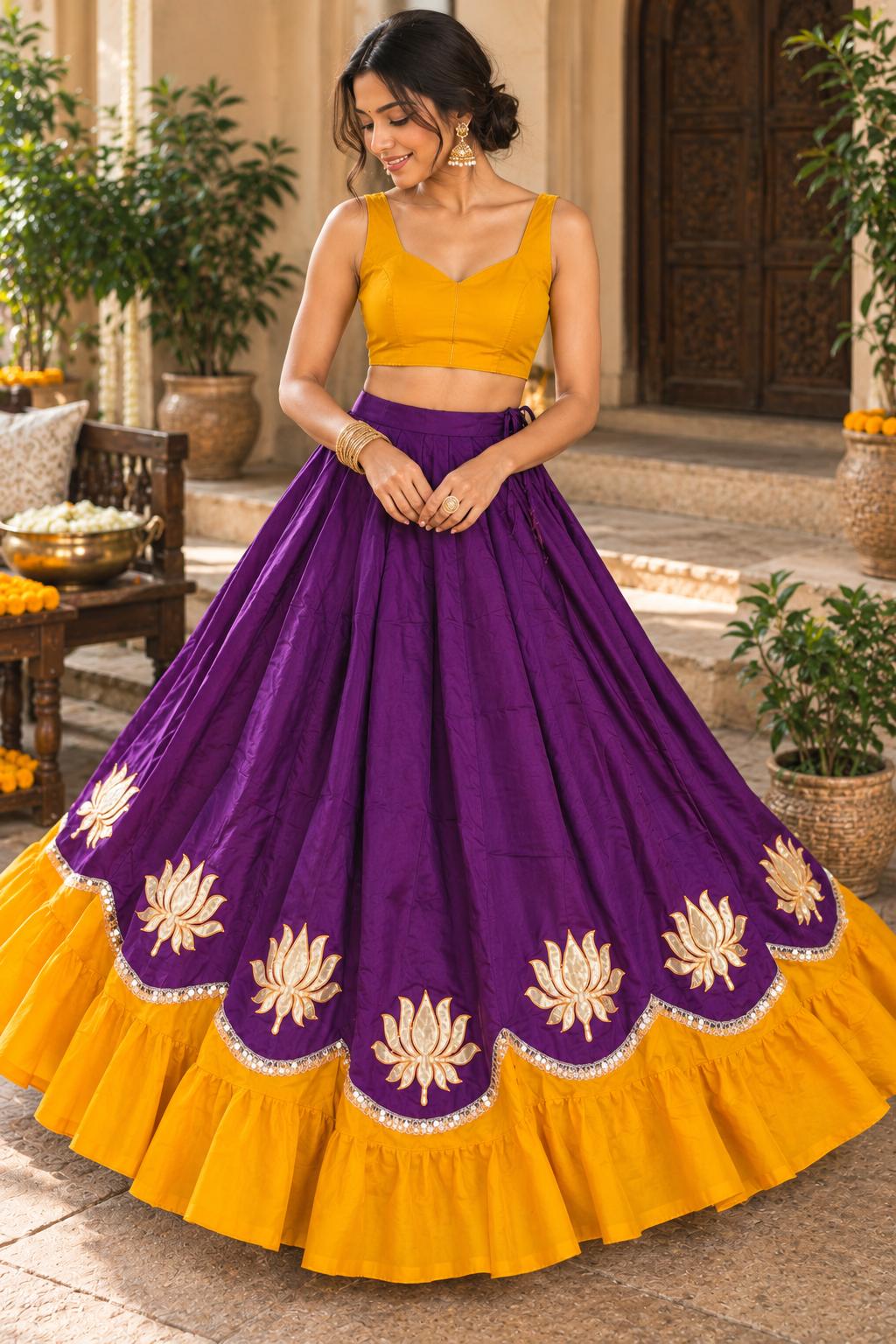 Purple yellow Cotton Lehenga Choli Set | Indian Festive Lehenga | Lotus Embroidered Skirt & Blouse | Navratri Garba Outfit | Handmade