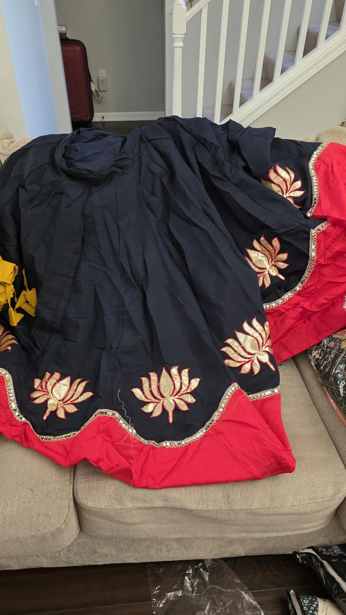 Red black Cotton Lehenga Choli Set | Indian Festive Lehenga | Lotus Embroidered Skirt & Blouse | Navratri Garba Outfit | Handmade