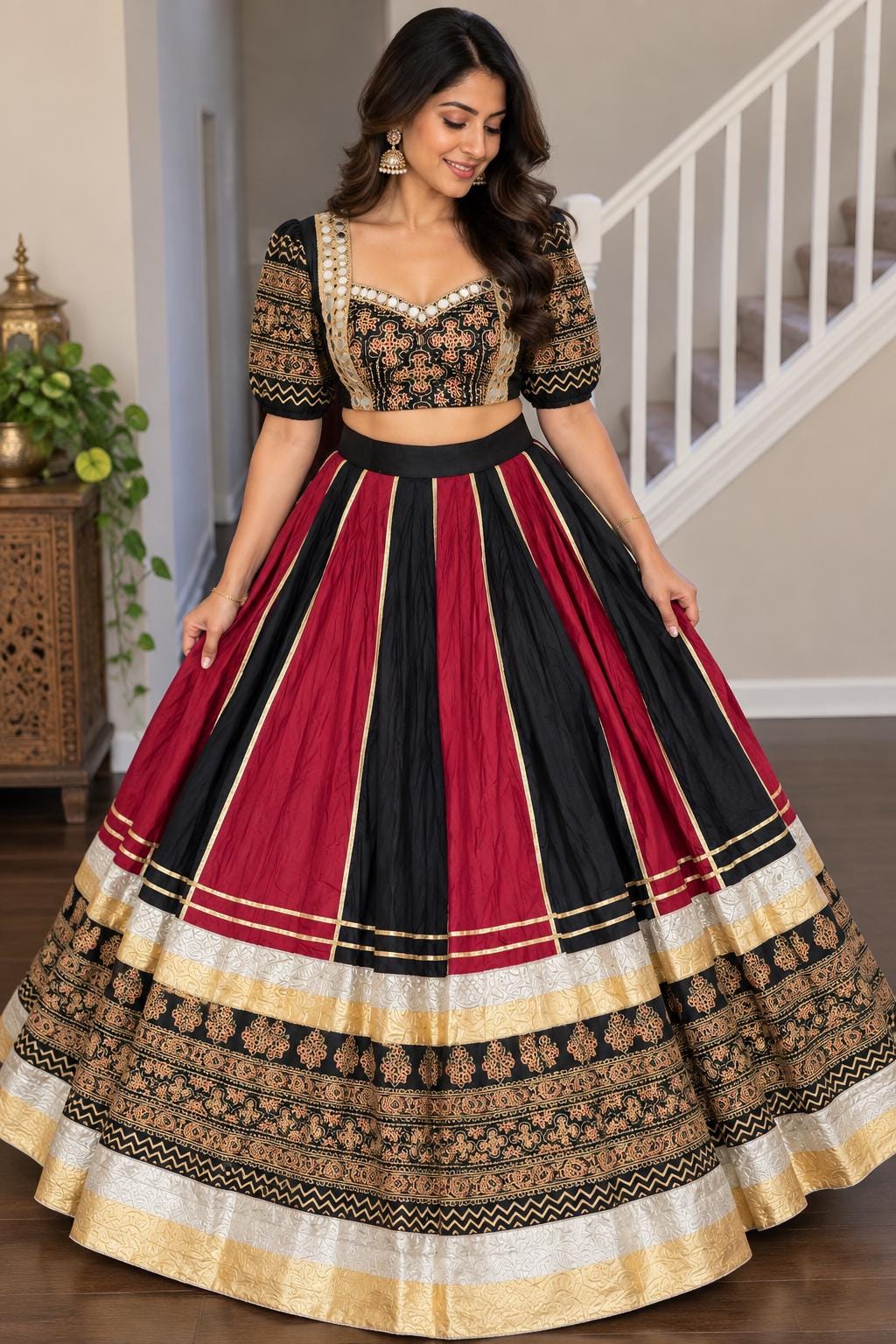 Reversible 2-in-1 Bandhani & Gota Patti Lehenga Skirt with 2 Blouses | Black Red Gota Patti Skirt | Reversible Indian Garba Outfit | Navratr