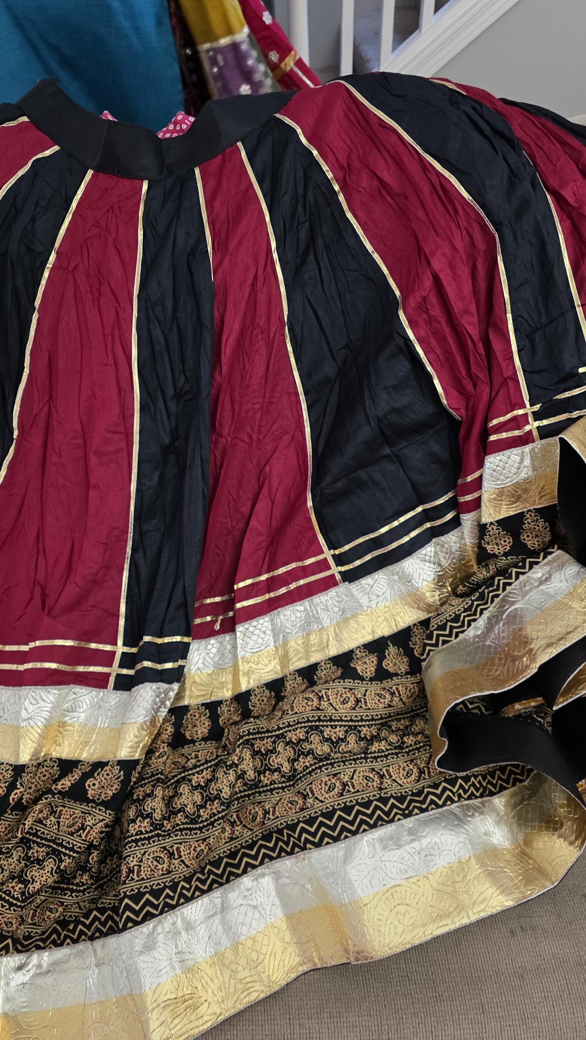 Reversible 2-in-1 Bandhani & Gota Patti Lehenga Skirt with 2 Blouses | Black Red Gota Patti Skirt | Reversible Indian Garba Outfit | Navratr