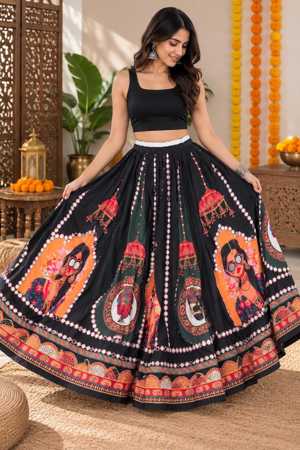 Black Flared Skir | Festive Party Wear Cotton fabric