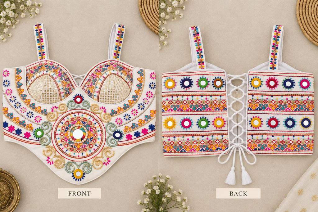 White Hand Embroidered Garba Blouse | Gujarati Chaniya Choli Blouse | Mirror Work & Cowrie Shell Blouse | Navratri 2026 | Handmade Ethnic