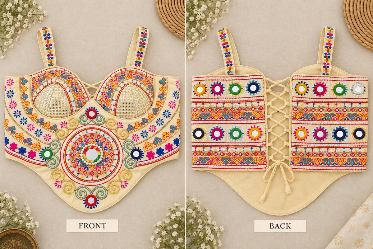 Beige Hand Embroidered Garba Blouse | Gujarati Chaniya Choli Blouse | Mirror Work & Cowrie Shell Blouse | Navratri 2026 | Handmade Ethnic