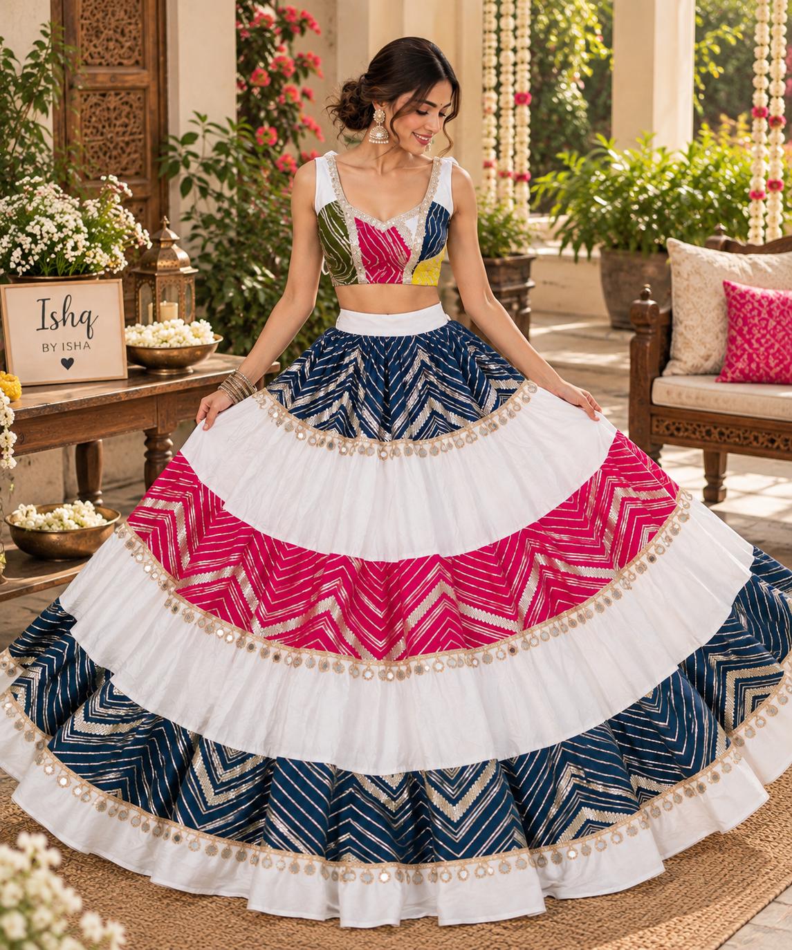 White multicolour Lehenga Choli | Multicolor | Indian Festival Skirt Set | Dandiya Dress | Women's Ethnic Wear