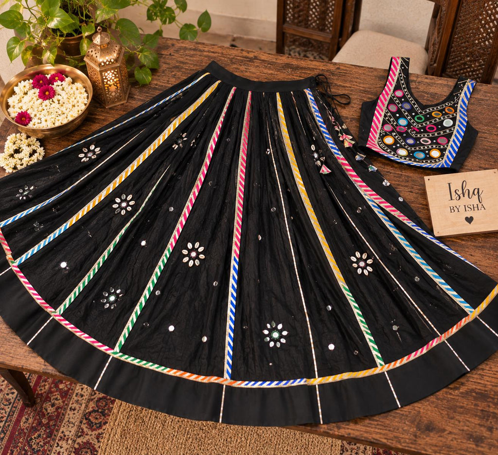 Black Mirror Work Lehenga Set | Indian Festive Lehenga Choli | Navratri Garba Outfit | Embroidered Wedding Wear | Traditional Indian D