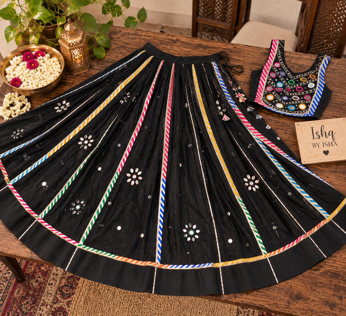 Black Mirror Work Lehenga Set | Indian Festive Lehenga Choli | Navratri Garba Outfit | Embroidered Wedding Wear | Traditional Indian D