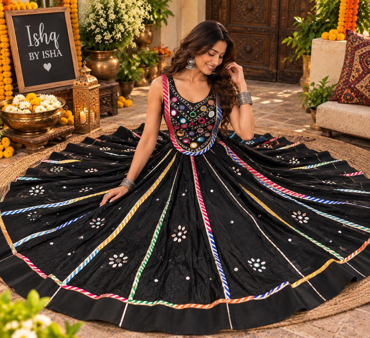 Black Mirror Work Lehenga Set | Indian Festive Lehenga Choli | Navratri Garba Outfit | Embroidered Wedding Wear | Traditional Indian D