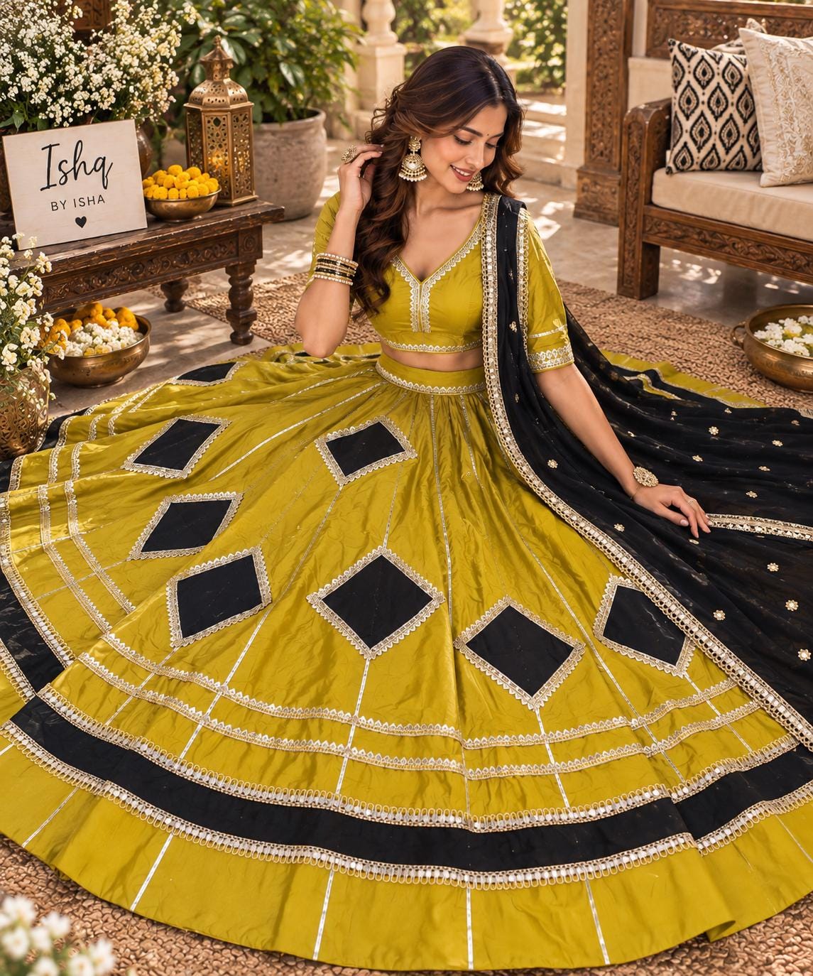 Neon green & black Lehenga Set | Indian Wedding Lehenga Choli | Festive Indian Outfit | Garba Navratri Dress | Traditional Ethnic Wear