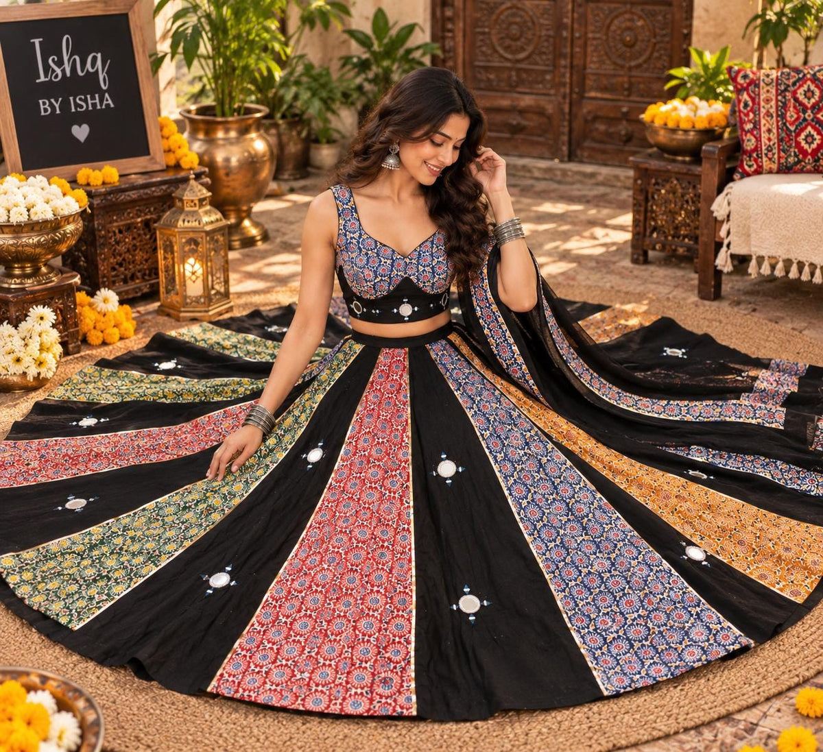 Black Ajrak Lehenga Choli Set | Traditional Indian Garba Outfit