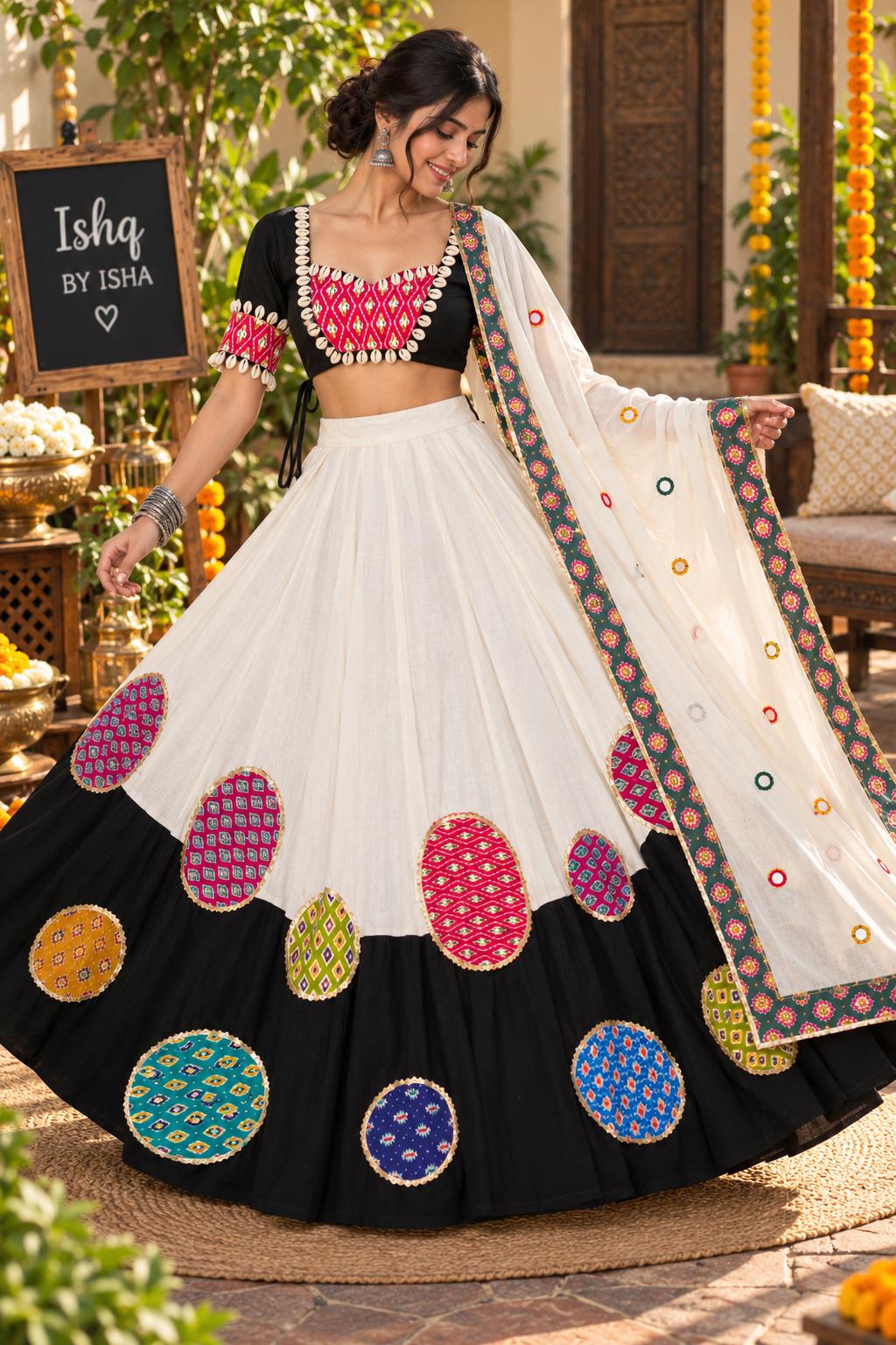 Garba black red Multicolour Patch Lehenga |white&black Ethnic Skirt | Navratri Ghagra Choli | Handmade Indian Festival Outfit