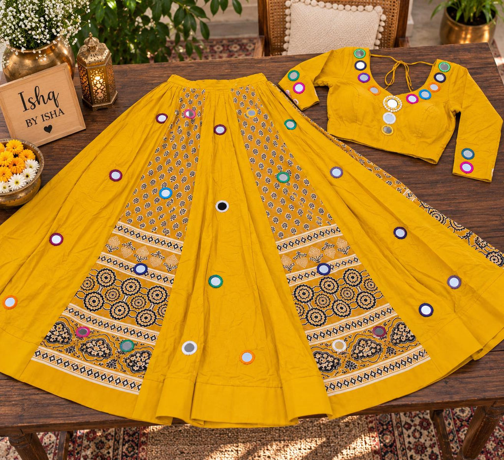 Mustard Yellow Mirror Work Lehenga Set | Navratri Garba Outfit | Indian Wedding Lehenga Choli | Dandiya Dress | Festive Ethnic We