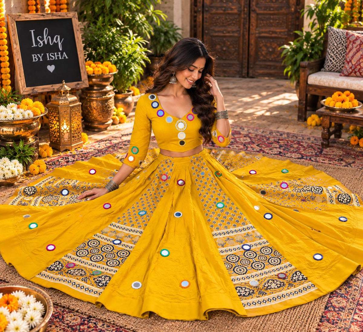 Mustard Yellow Mirror Work Lehenga Set | Navratri Garba Outfit | Indian Wedding Lehenga Choli | Dandiya Dress | Festive Ethnic We