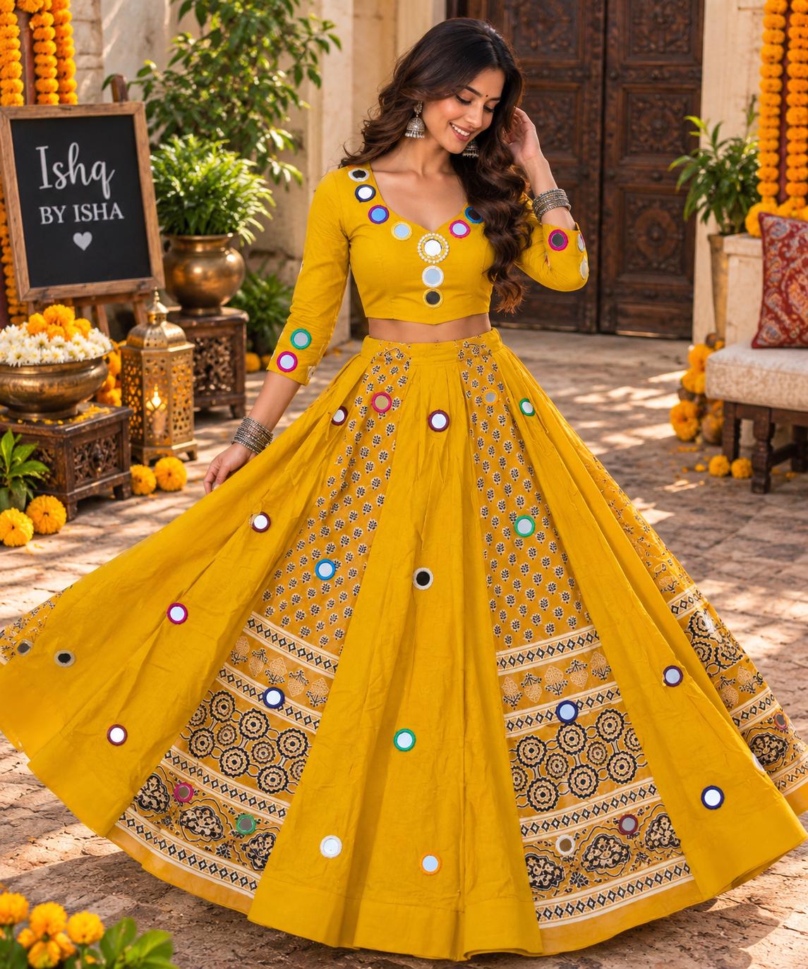 Mustard Yellow Mirror Work Lehenga Set | Navratri Garba Outfit | Indian Wedding Lehenga Choli | Dandiya Dress | Festive Ethnic We