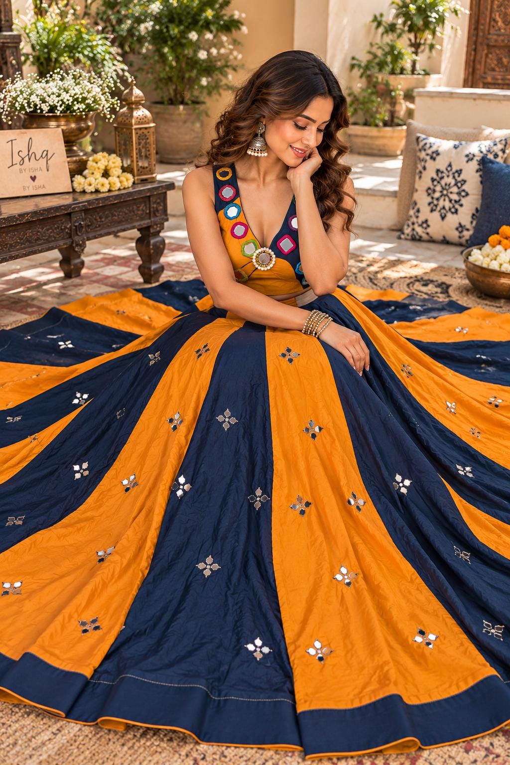Navy Blue & Mustard Yellow Mirror Work Lehenga Set | Navratri Garba Outfit