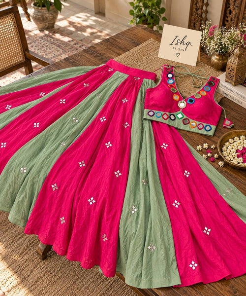 Pink Green Mirror Work Lehenga Choli | Navratri Garba Outfit