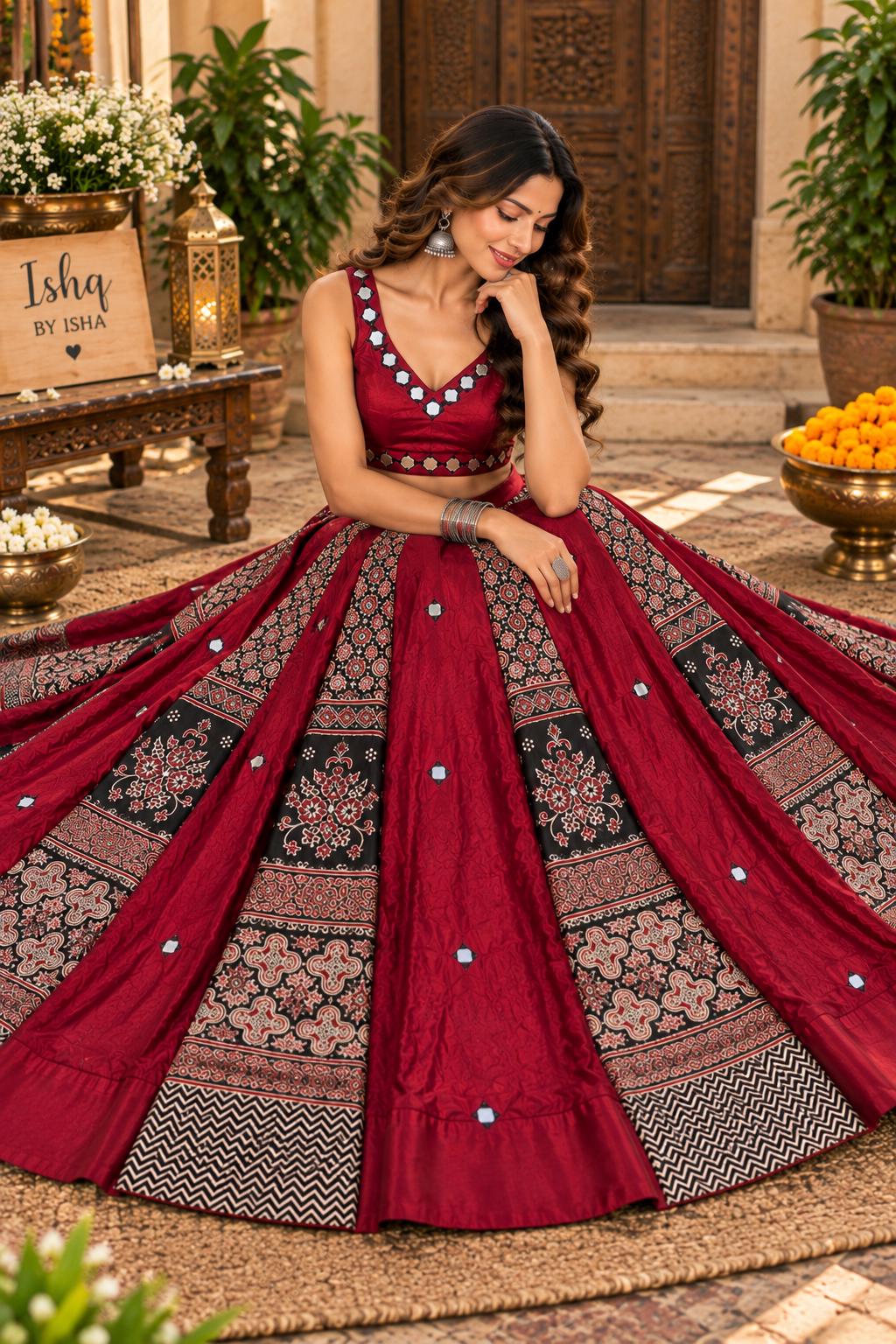 Maroon Gajji Silk Patchwork Lehenga Set | Mirror Work Blouse, Festive Ethnic Wear
