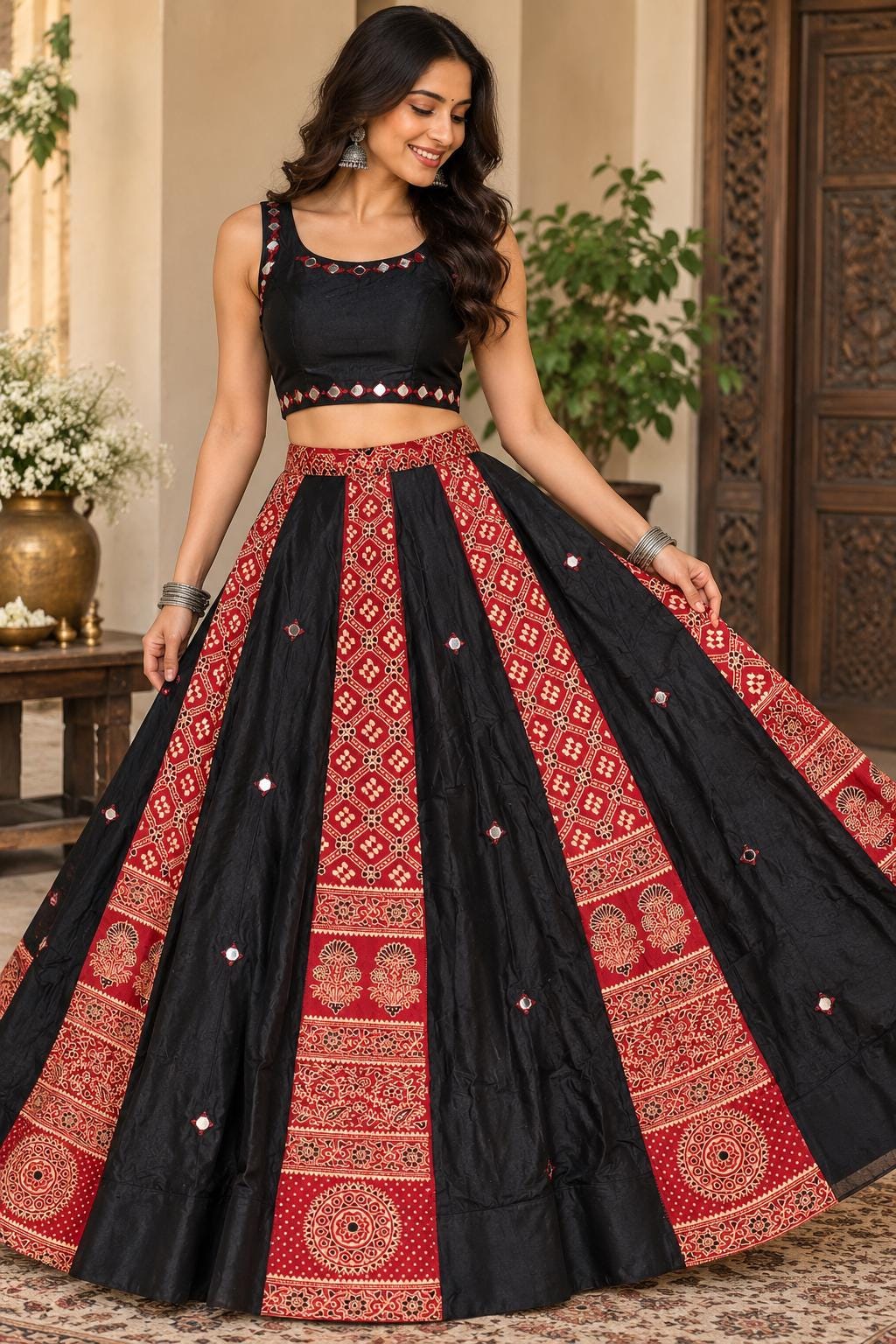 Handcrafted Gajji Silk Patchwork Lehenga Set | Mirror Work Blouse with Dupatta