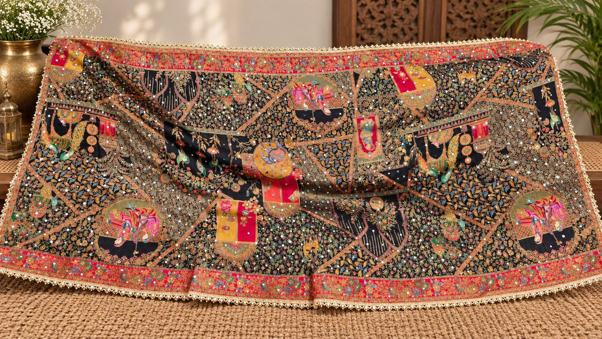 Luxury Mughal Art Dupatta | Black Designer Dupatta | Embellished Indian Dupatta | Statement Dupatta | Festive Wedding Dupatta | Ishq by Isha
