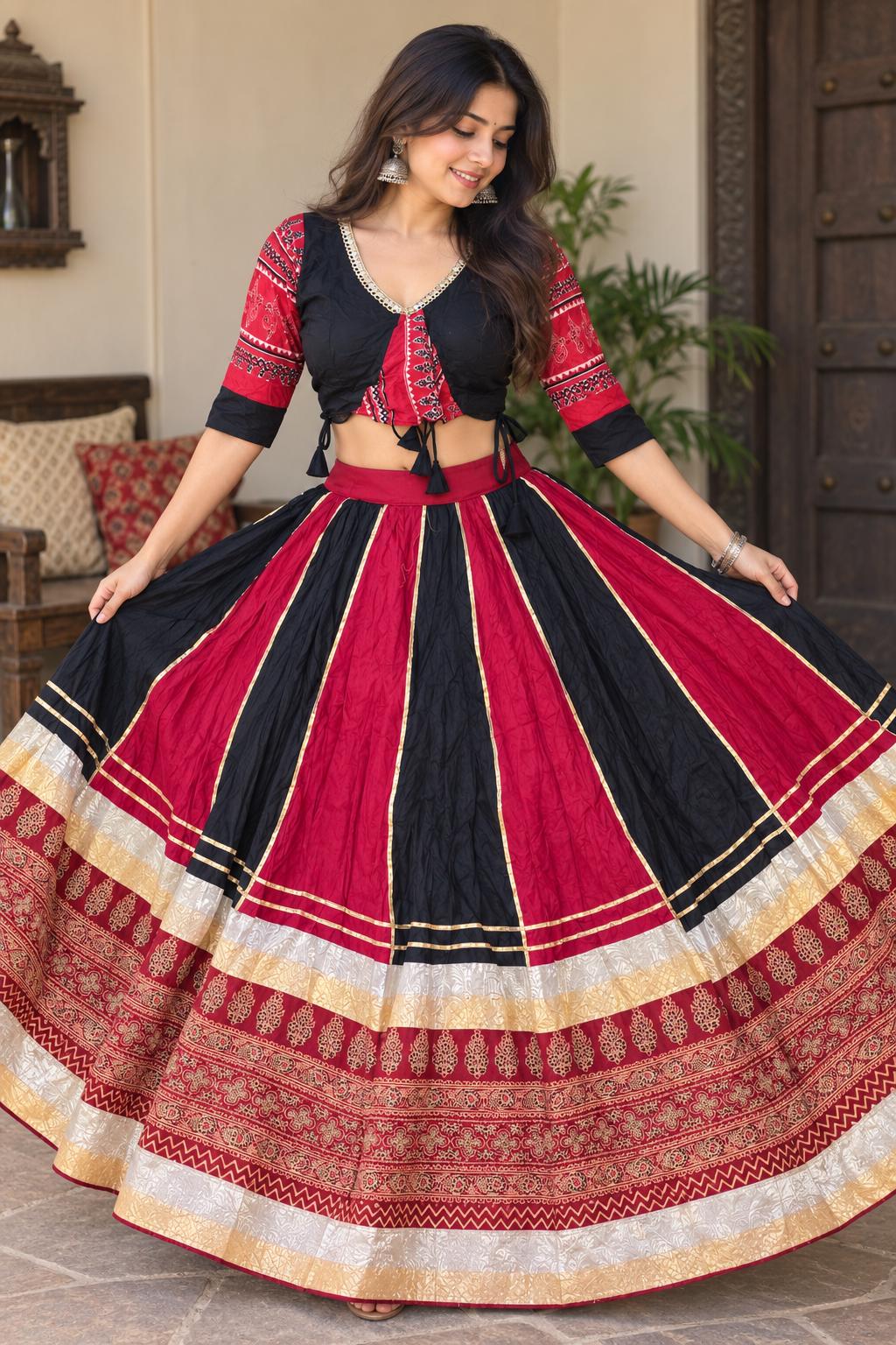 Reversible 2-in-1 Bandhani & Gota Patti Lehenga Skirt with 2 Blouses | Black Red Gota Patti Skirt | Reversible Indian Garba Outfit | Navratr