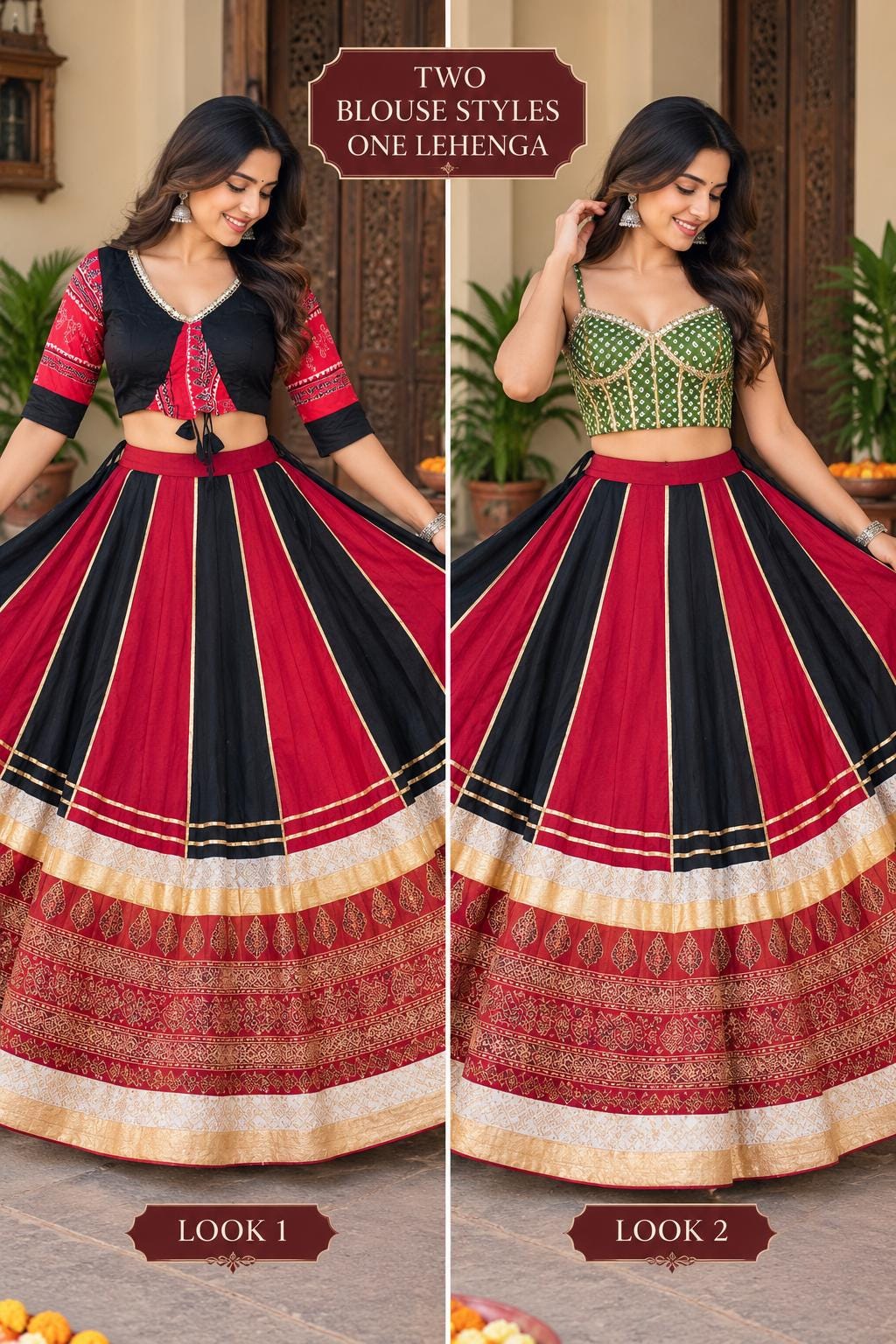 Reversible 2-in-1 Bandhani & Gota Patti Lehenga Skirt with 2 Blouses | Black Red Gota Patti Skirt | Reversible Indian Garba Outfit | Navratr