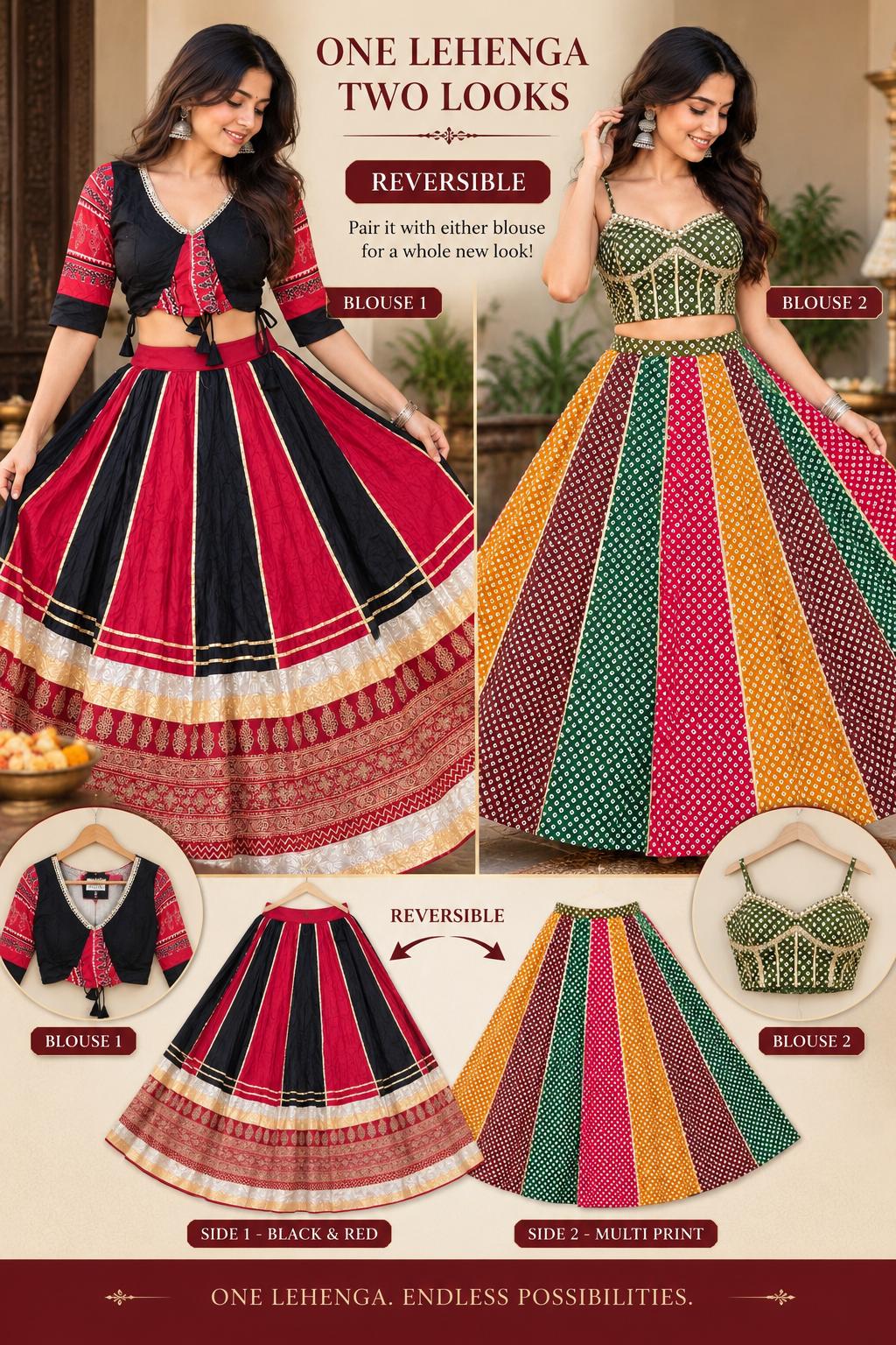 Reversible 2-in-1 Bandhani & Gota Patti Lehenga Skirt with 2 Blouses | Black Red Gota Patti Skirt | Reversible Indian Garba Outfit | Navratr