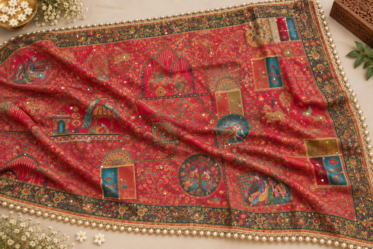Red Mughal art dupatta