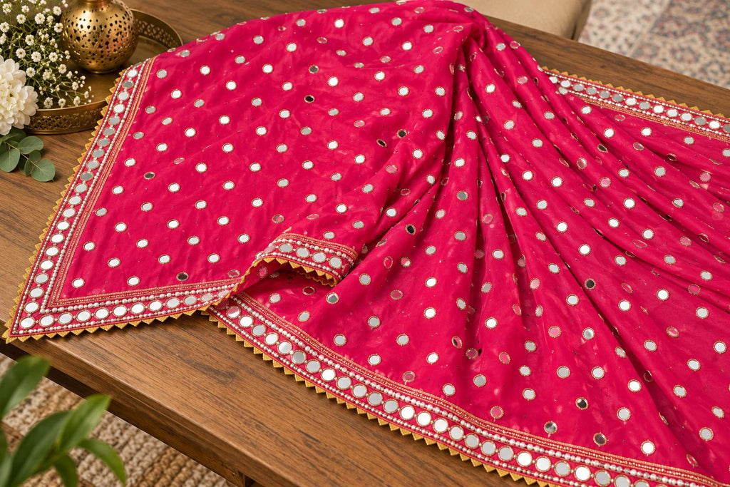 Pink crepe Mirror Work Dupatta | Handmade Indian Dupatta | Bandhani Style Chiffon Dupatta | Embroidered Wedding Dupatta | Garba