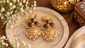 Antique Gold Jhumka Earrings, maroon Stone Indian Earrings, Peacock Jhumka, Pearl Dangle Earrings, Traditional Indian Jewelry
