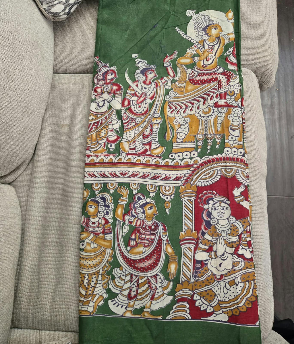 Hand Painted Cotton Saree | Green Kalamkari Style Saree | Indian Art Saree | Traditional Handcrafted Saree | Ethnic Wear |