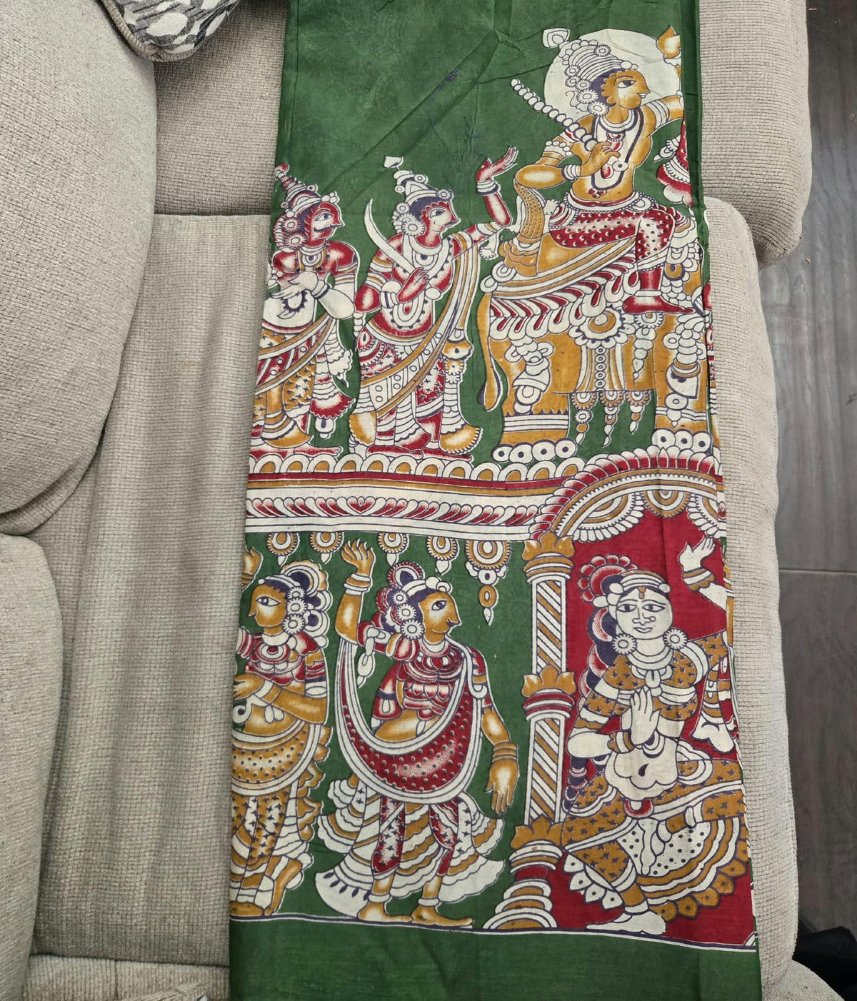 Hand Painted Cotton Saree | Green Kalamkari Style Saree | Indian Art Saree | Traditional Handcrafted Saree | Ethnic Wear |