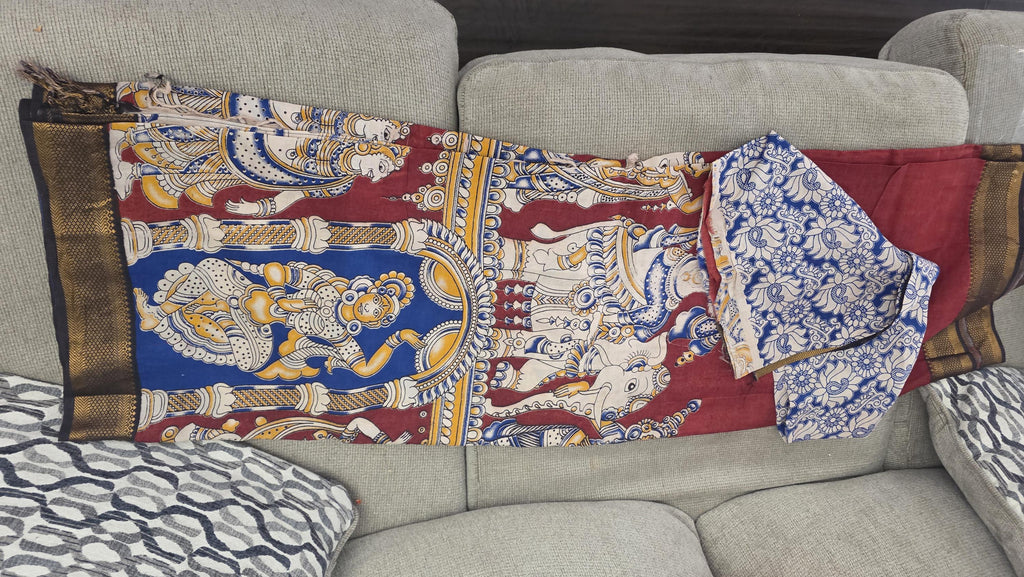Hand Painted Cotton Saree | blue red Kalamkari Style Saree | Indian Art Saree | Traditional Handcrafted Saree | Ethnic Wear |