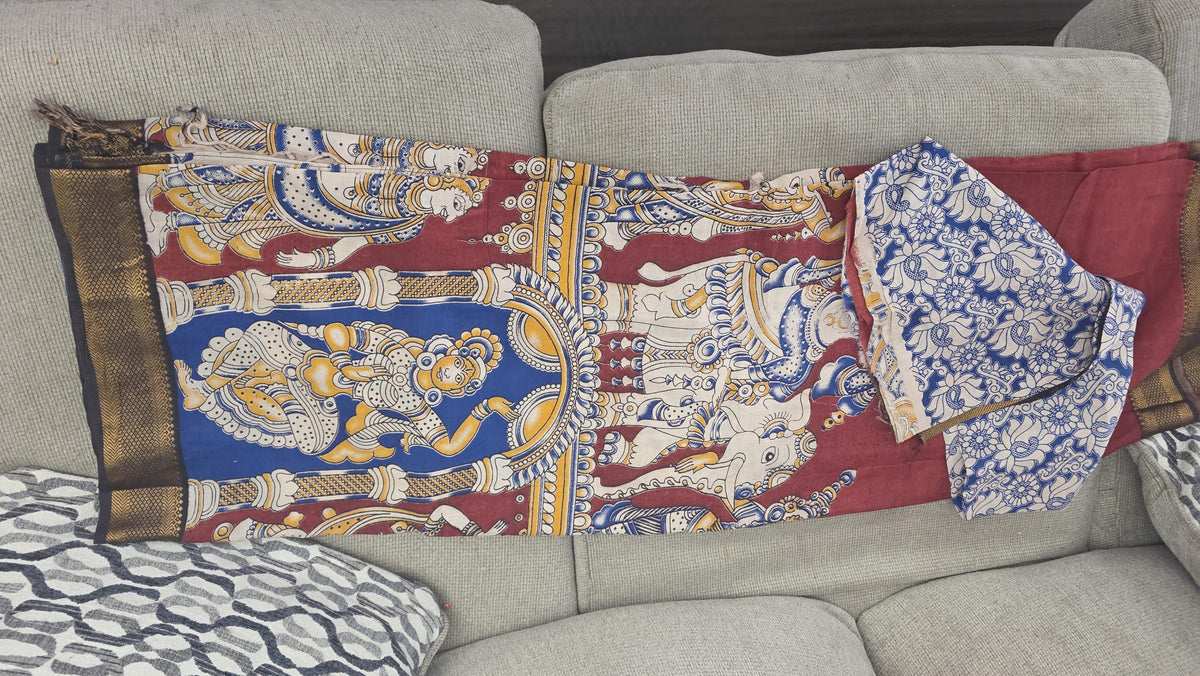 Hand Painted Cotton Saree | blue red Kalamkari Style Saree | Indian Art Saree | Traditional Handcrafted Saree | Ethnic Wear |