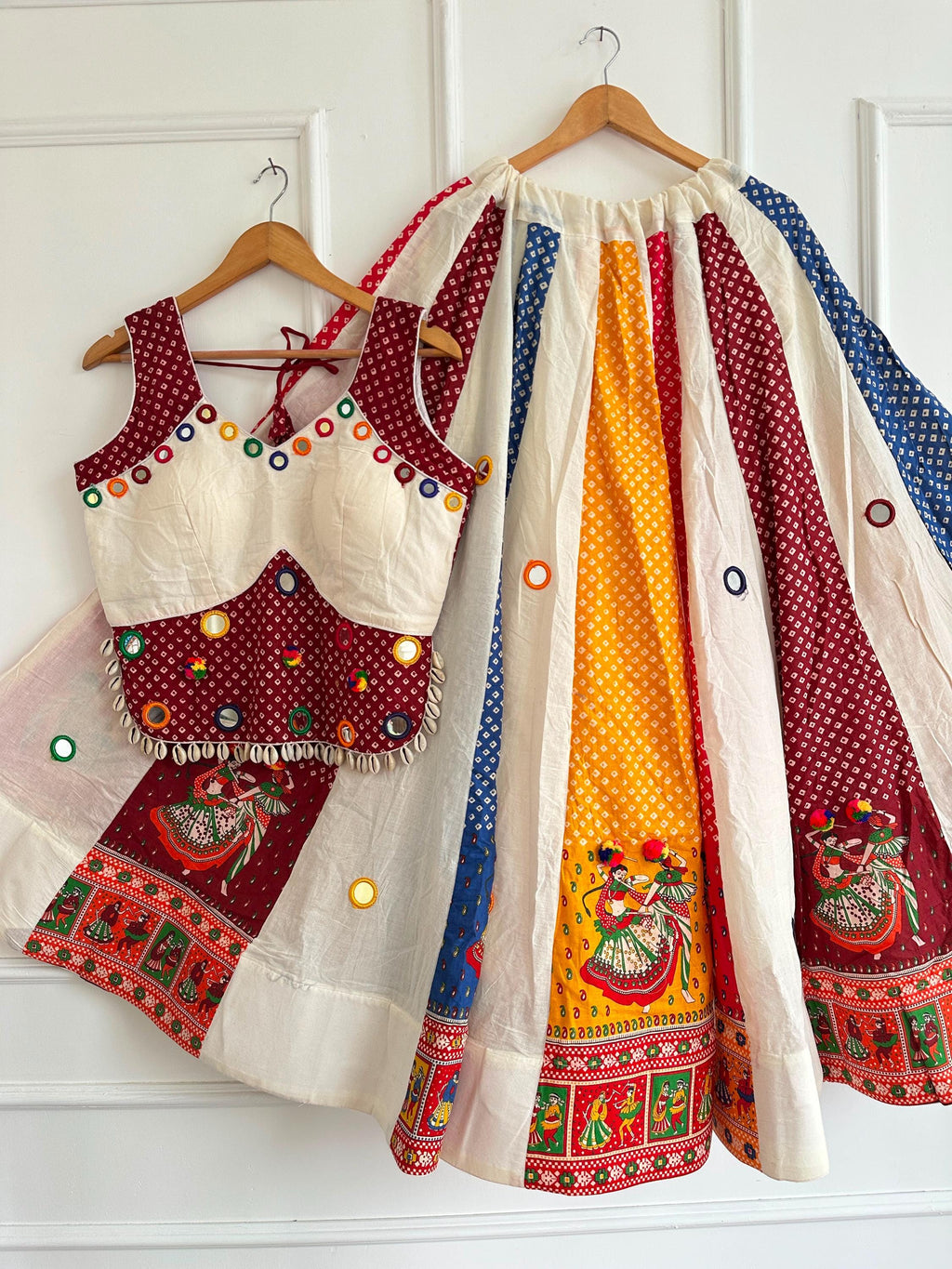 Garba Khadi Ajarak Print Lehenga | white Multicolored Ethnic Skirt | Navratri Ghagra Choli | Handmade Indian Festival Outfit