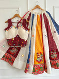 Garba Khadi Ajarak Print Lehenga | white Multicolored Ethnic Skirt | Navratri Ghagra Choli | Handmade Indian Festival Outfit