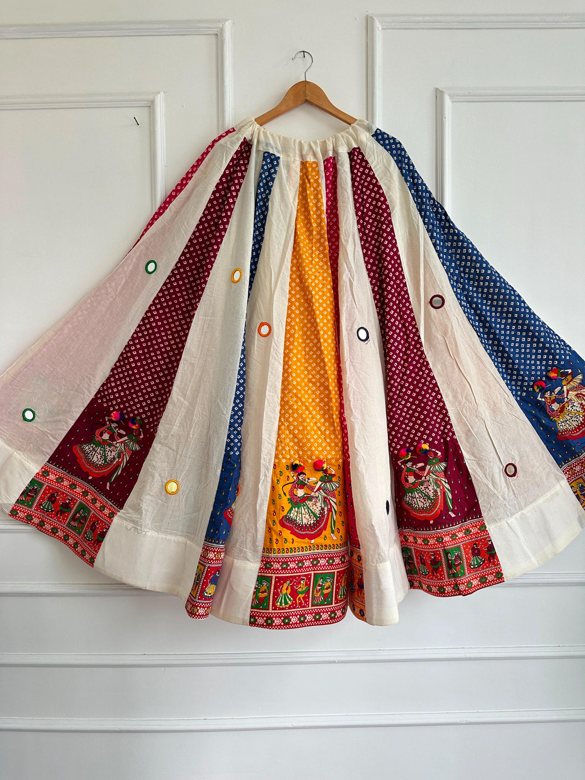 Garba Khadi Ajarak Print Lehenga | white and blue Multicolored Ethnic Skirt | Navratri Ghagra Choli | Handmade Indian Festival Outfit