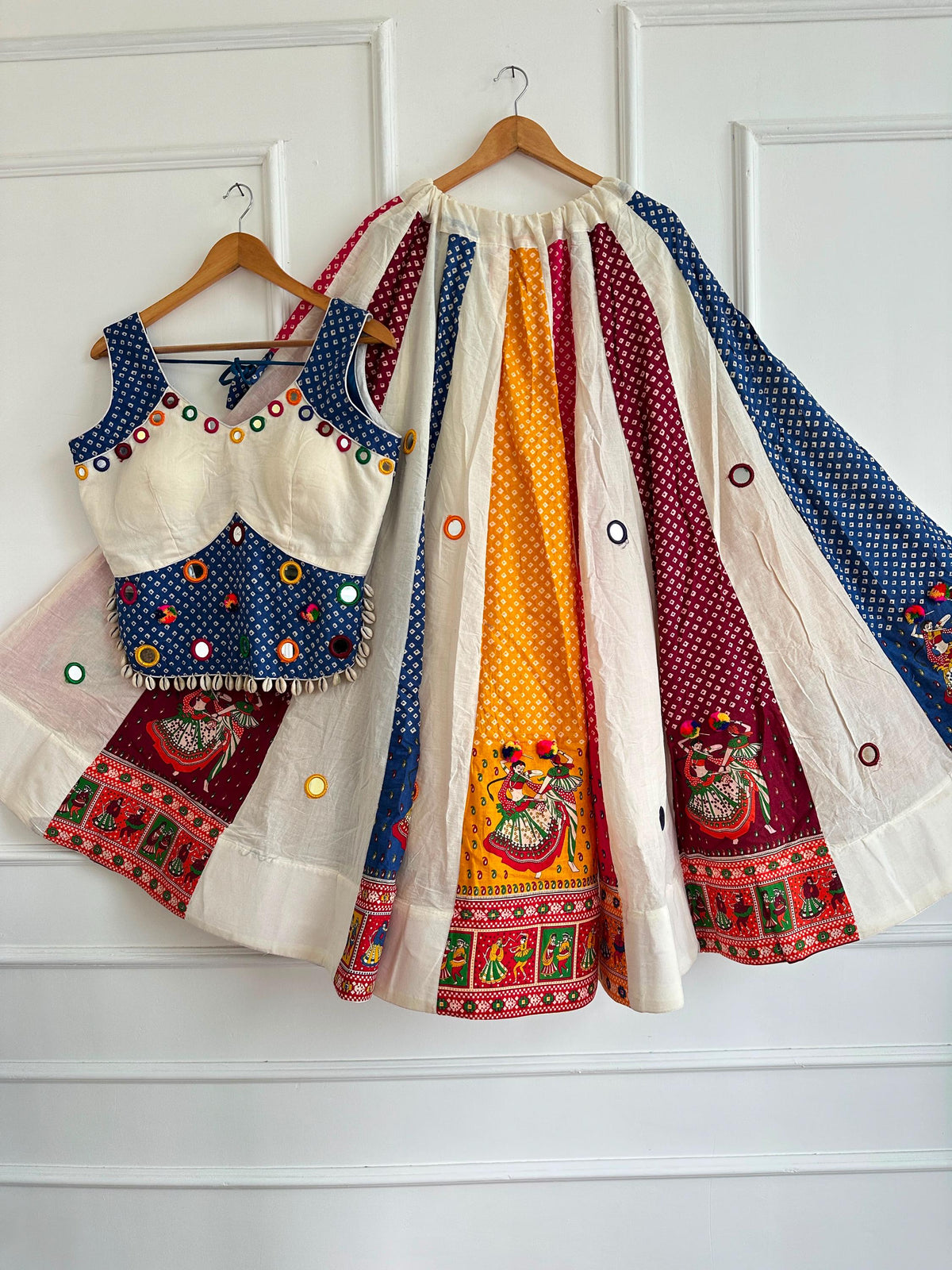 Garba Khadi Ajarak Print Lehenga | white and blue Multicolored Ethnic Skirt | Navratri Ghagra Choli | Handmade Indian Festival Outfit