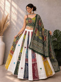 Garba Ajarak Print Lehenga | white and green Multicolored Ethnic Skirt | Navratri Ghagra Choli | Handmade Indian Festival Outfit