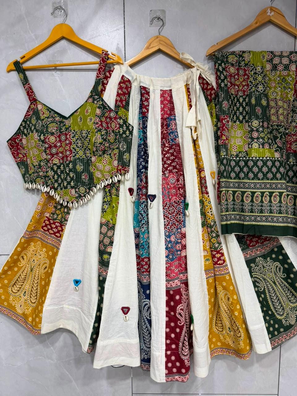 Garba Ajarak Print Lehenga | white and green Multicolored Ethnic Skirt | Navratri Ghagra Choli | Handmade Indian Festival Outfit