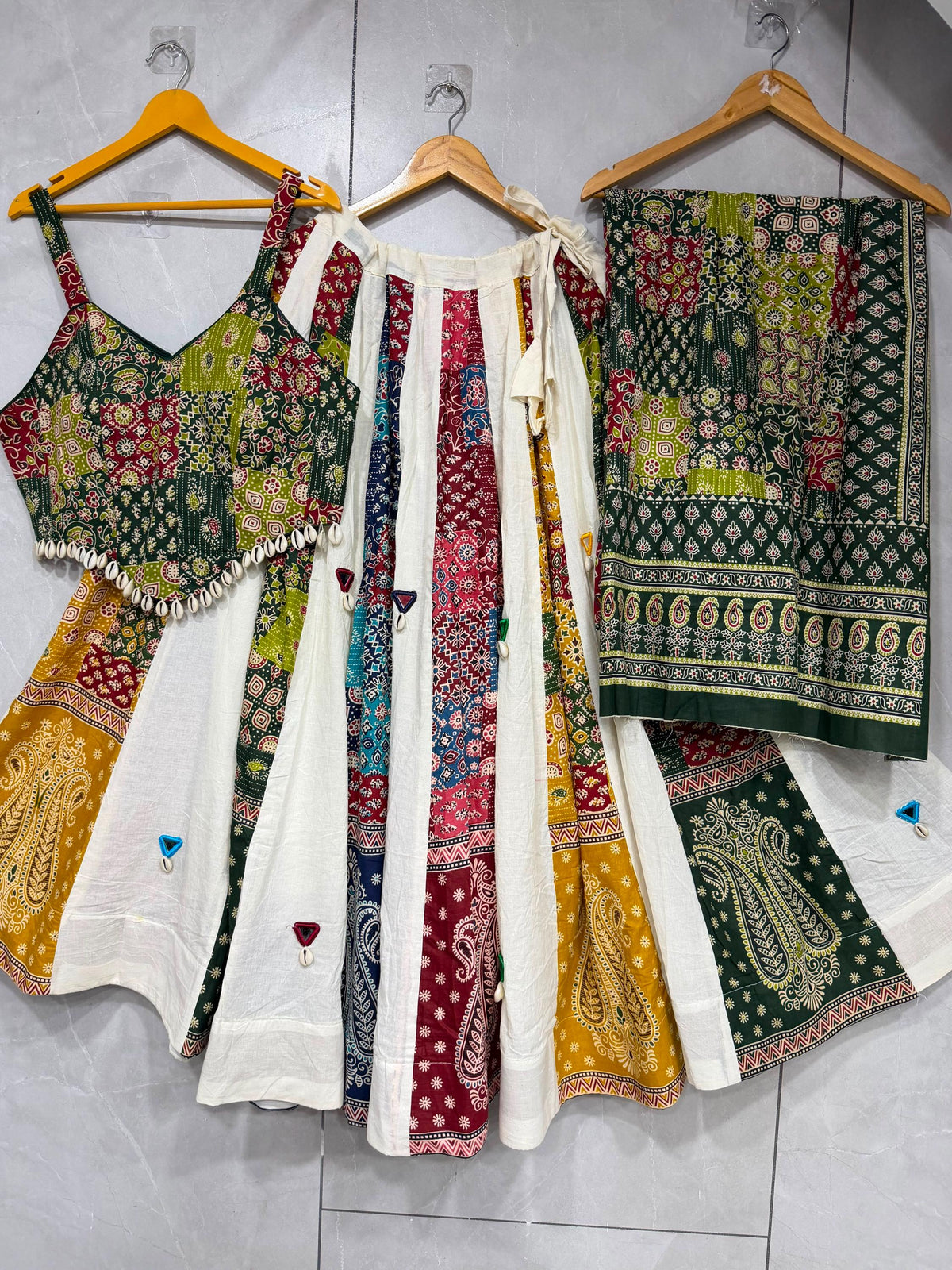 Garba Ajarak Print Lehenga | white and green Multicolored Ethnic Skirt | Navratri Ghagra Choli | Handmade Indian Festival Outfit