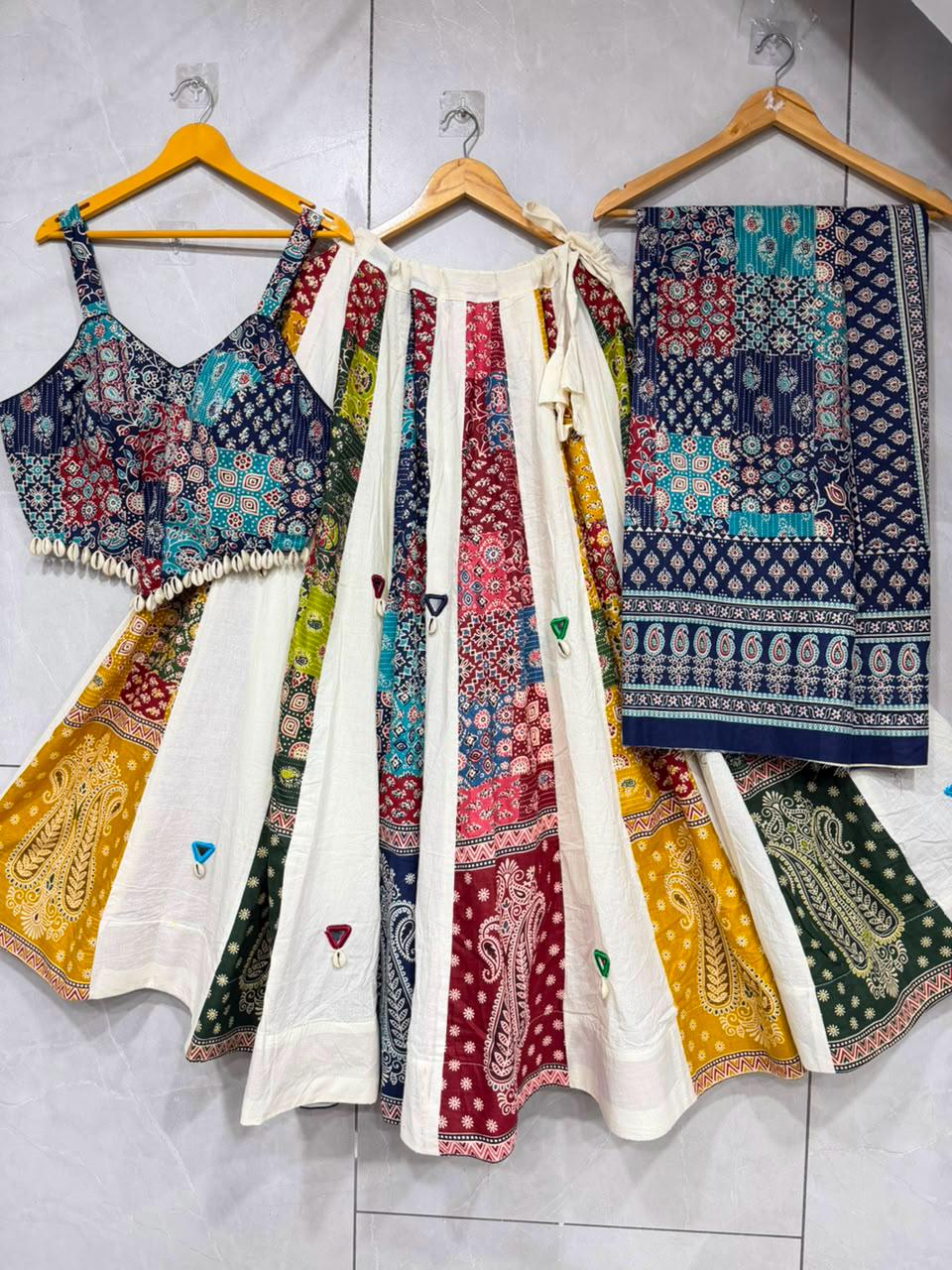 Garba Ajarak Print Lehenga | white and blue Multicolored Ethnic Skirt | Navratri Ghagra Choli | Handmade Indian Festival Outfit