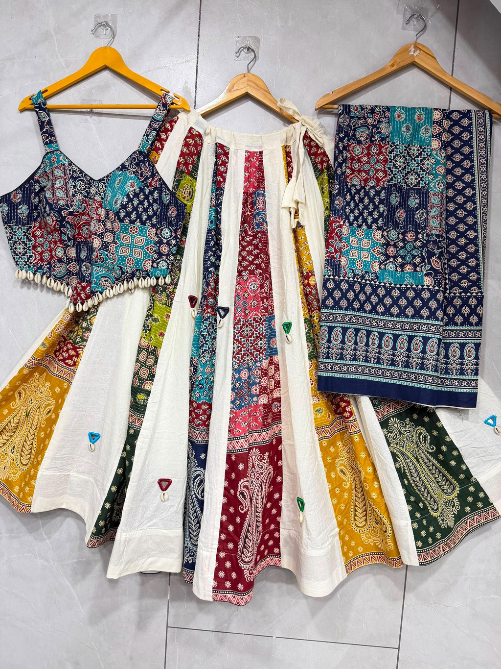 Garba Ajarak Print Lehenga | white and blue Multicolored Ethnic Skirt | Navratri Ghagra Choli | Handmade Indian Festival Outfit