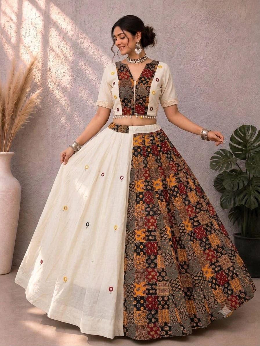 Garba Ajarak Print Lehenga | white Multicolored Ethnic Skirt | Navratri Ghagra Choli with strechable blouse and dupatta