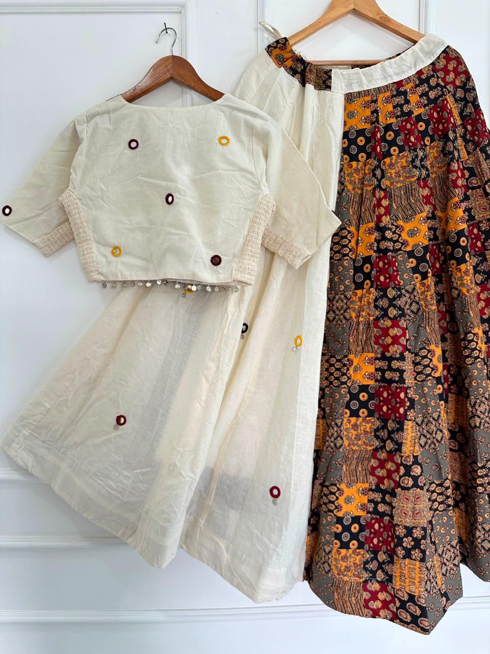 Garba Ajarak Print Lehenga | white Multicolored Ethnic Skirt | Navratri Ghagra Choli with strechable blouse and dupatta
