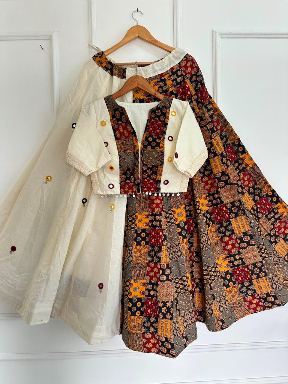 Garba Ajarak Print Lehenga | white Multicolored Ethnic Skirt | Navratri Ghagra Choli with strechable blouse and dupatta