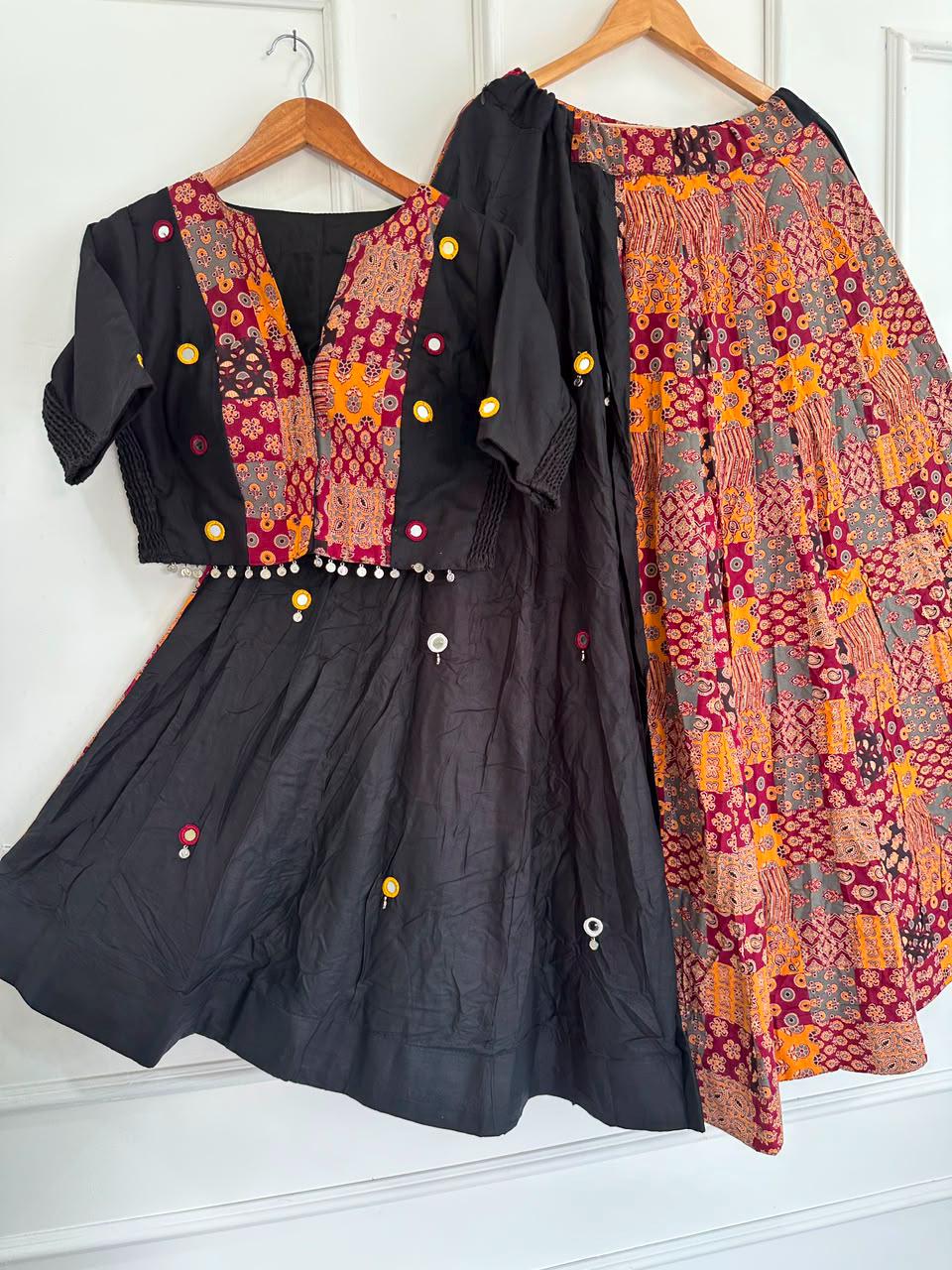 Garba Ajarak Print Lehenga | black Multicolored Ethnic Skirt | Navratri Ghagra Choli with strechable blouse and dupatta