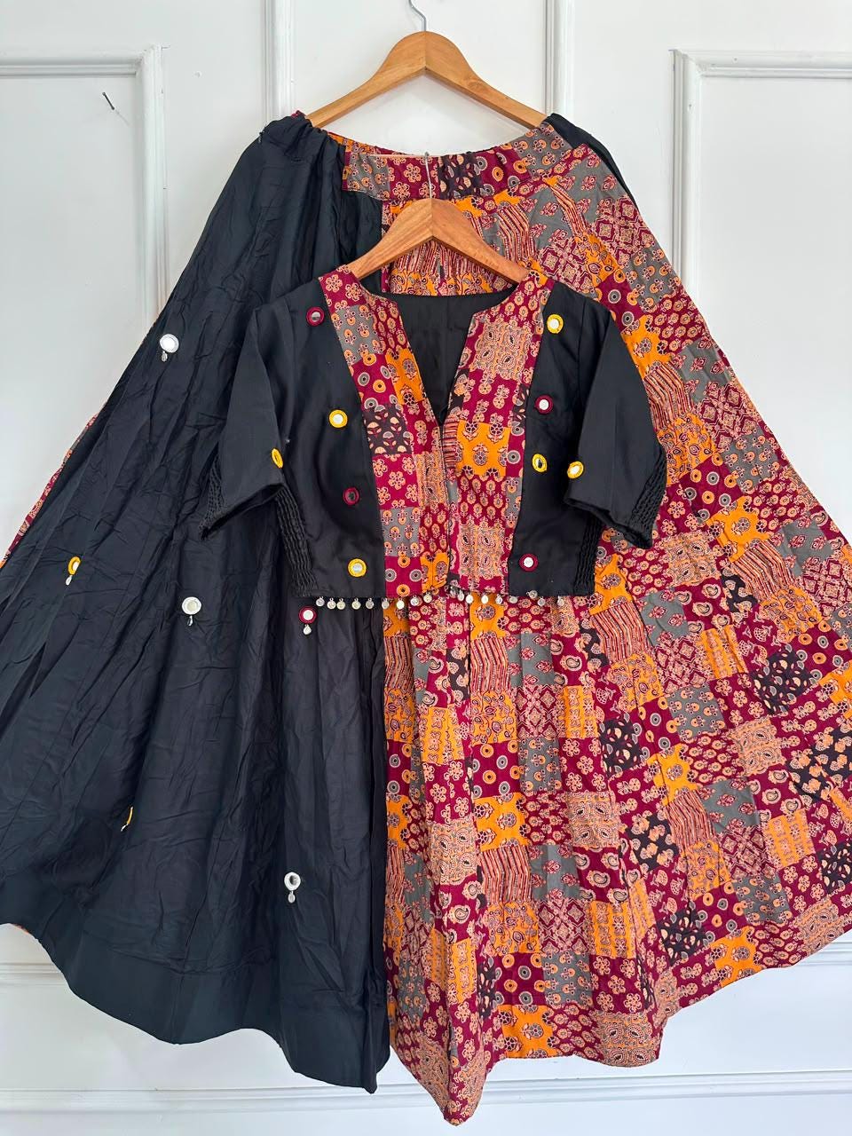 Garba Ajarak Print Lehenga | black Multicolored Ethnic Skirt | Navratri Ghagra Choli with strechable blouse and dupatta